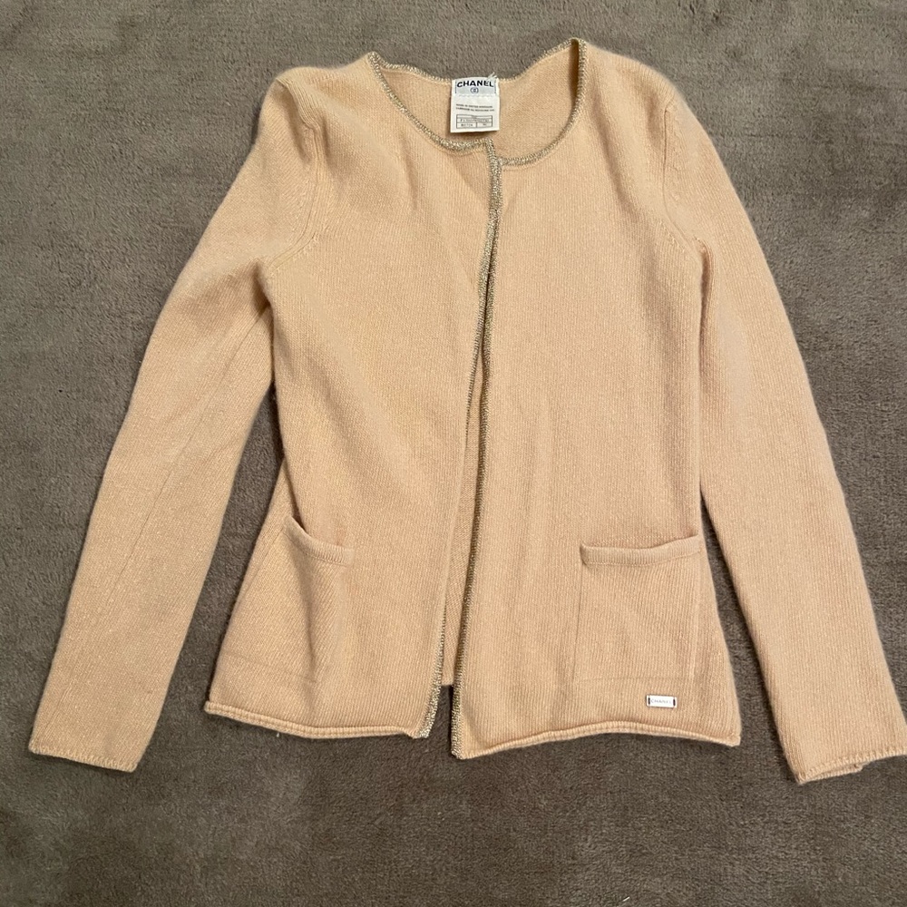 Authentic CHANEL Camel Color Cardigan with Pockets Size 6